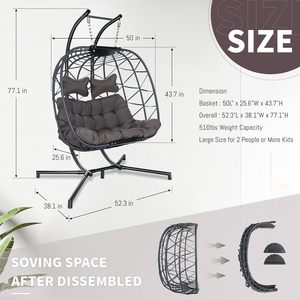 Fauteuil à œuf <span class=keywords><strong>suspendu</strong></span> pour intérieur et extérieur pour 2 personnes, <span class=keywords><strong>double</strong></span> et large, en osier, avec support, surdimensionné, pour jumeaux et patio, causeuse à 2 places - Product Image 6