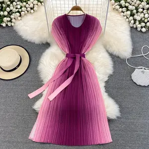 Wholesale Pleated Dress V-neck Short-sleeved Summer New 2022 Fashion Casual Large Size Korean Style Women's Dress