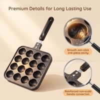 Poêle japonaise pour takoyaki en aluminium moulé monobloc 16 trous, antiadhésive, 32,5x15,3 cm, avec poignée isolée thermiquement pour cuisinière à gaz