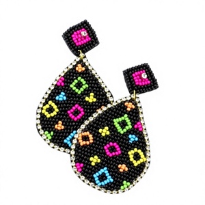 Vintage Geometric Multicolor Embroidery Beaded Stud Earrings Black Ethnic Stylish Fancy Premium Dangle Jewelry for Woman Party - Product Image 1