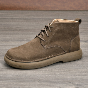 Genuine Leather Men's Ankle Boots <b>Round</b> <b>Toe</b> Flat <b>Heel</b> Soft Sole Martin Boot Style Solid Color Rubber Outsole - Product Image 1
