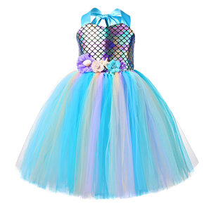 Vestido de princesa, atacado crianças menina princesa sereia cosplay fantasia vestido de malha lantejoulas vestido de baile com faixa de cabeça baile formatura meninas vestidos - Product Image 4