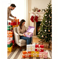 Coffret cadeau pliable avec papier déchiqueté, carte de vœux et ruban en satin violet, boîte d'emballage cadeau pliable pour cadeau