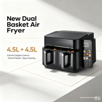 4.5L+4.5L Penggorengan Udara Digital Modern Kotak Baru dengan Dua Keranjang, Hemat Energi, Memasak Cepat, Peralatan Masak Listrik Rumah Tangga
