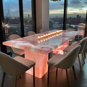 Tavolo da Pranzo Rettangolare Luminoso Regolabile per 8 Persone in Stile Lusso Leggero con Piano in <span class=keywords><strong>Marmo</strong></span> di Giada Rosa e Bianco - Product Image 6