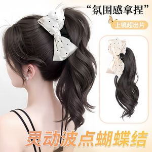 Peluca de cola de caballo alta con lazo de lunares, extensiones de cabello con clip de rizos largos y ondulados para mujer, estilo trenza realista - Product Image 2