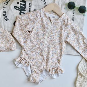 Traje de baño infantil de verano para bebé, conjunto de gorro de natación, <span class=keywords><strong>disfraz</strong></span> de manga larga para niñas, mameluco con estampado de flores, ropa de bebé - Product Image 6