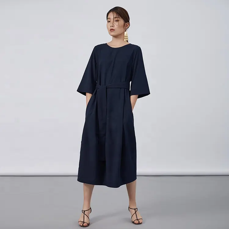 Leisure style long loose A-shaped sapphire blue belt dress