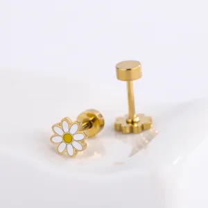 Chrysanthemum Cute Flower Enamel Stud Earrings 18K Golden Stainless Steel Jewelry For Children Women Girls