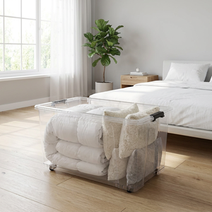 Contenedor de Almacenamiento de Plástico Transparente Resistente para el Hogar de 50 l, Apilable, <span class=keywords><strong>Encajable</strong></span>, con Tapa y Ruedas - Product Image 1
