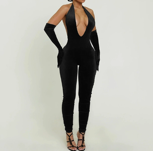 Viviblook J25JP466 Women <b>Party</b> Nightclub Casual <b>Jumpsuits</b> Halter Tied Rope Backless Solid Color One Piece <b>Jumpsuit</b> With Gloves - Product Image 2