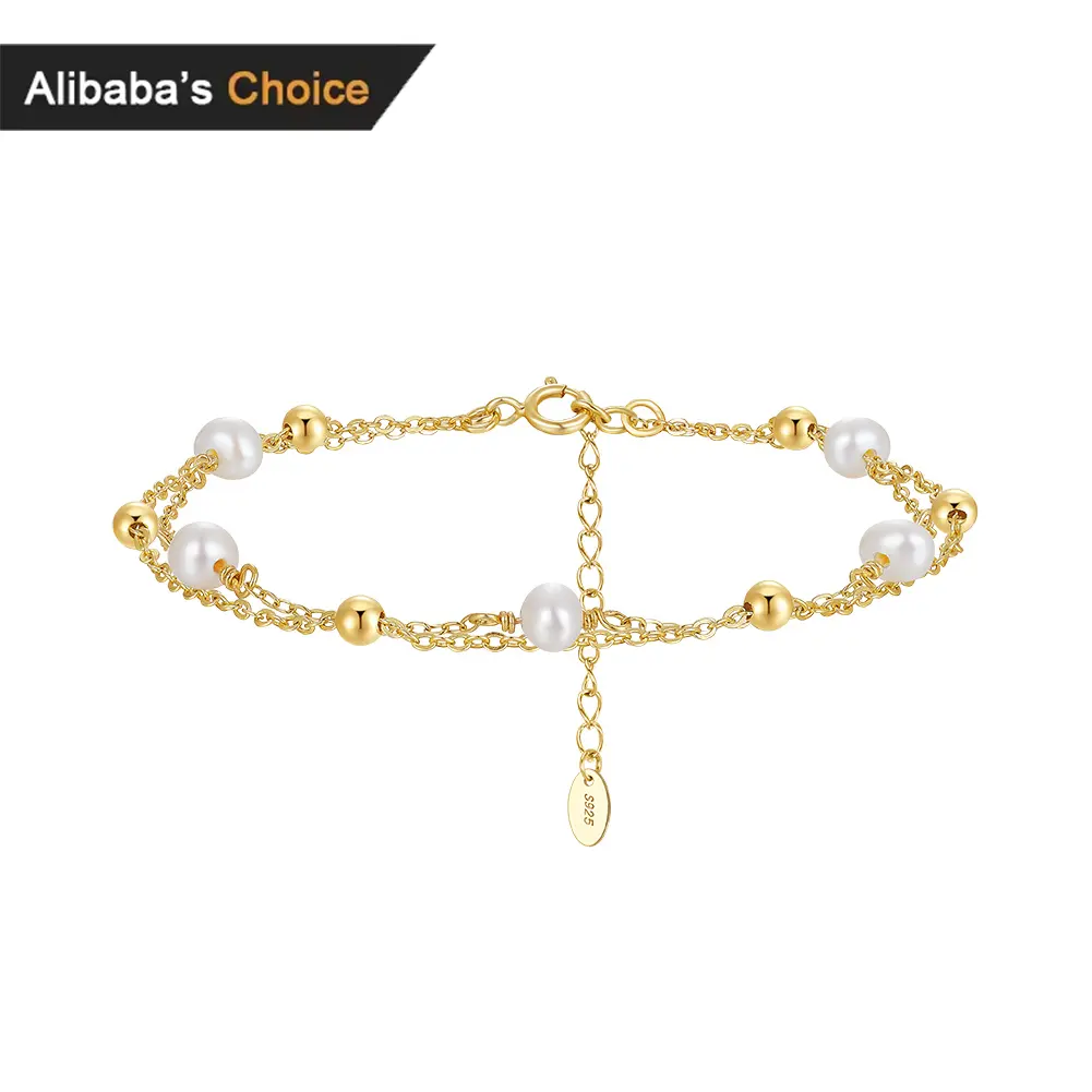 RINNTIN GPB32 Pulsera envuelta de doble cadena Plata de Ley 925 Perla cultivada de agua dulce con pulsera de cuentas de oro