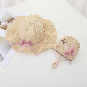 2024 Mùa Hè Trẻ Em Bow Ngọc Trai Ribbon Mũ Cô Gái Bãi Biển Rơm Mũ + Túi Thiết Lập - Product Image 5
