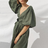2024 femmes trois quarts manches bouffantes a-ligne blanc longues robes en lin à lacets lin Maxi robe
