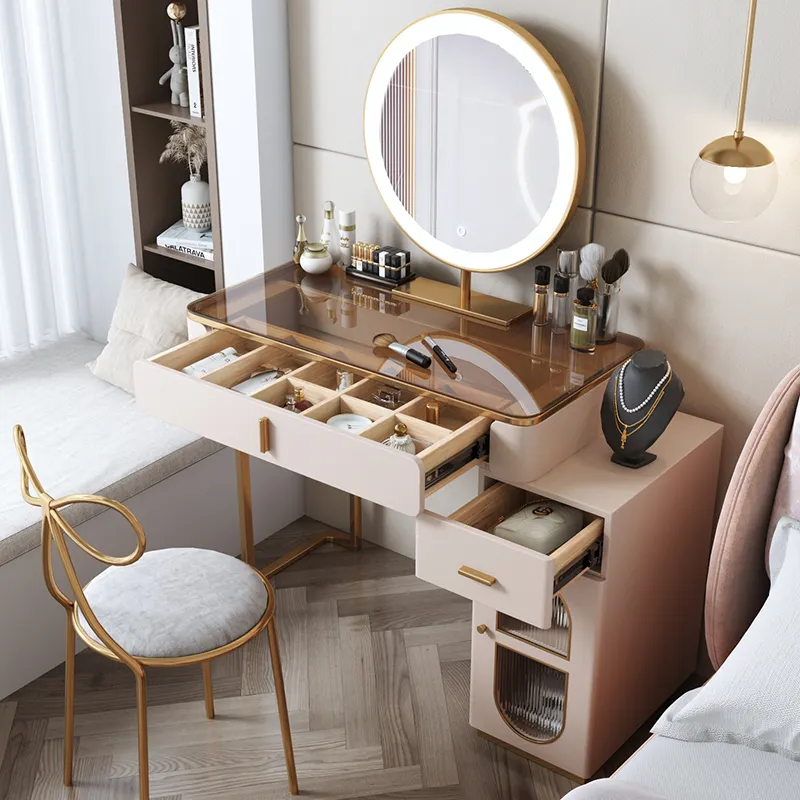 Tempered Glass Dressing Table Fashion Vanity Table With Mirror Light