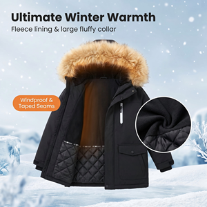 Veste parka cargo noire pour enfants <span class=keywords><strong>avec</strong></span> <span class=keywords><strong>capuche</strong></span> en fausse <span class=keywords><strong>fourrure</strong></span>, manteau d'hiver chaud et coupe-vent rembourré pour garçons - Product Image 2