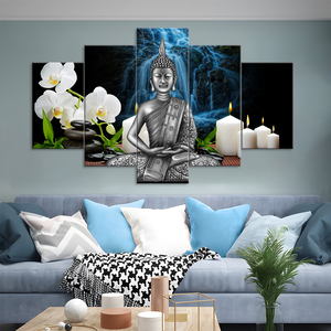 Decoración de pared pintura Buda arte imagen papel pintado retrato Deco venta al por mayor rústico hogar 5 paneles lienzo - Product Image 6