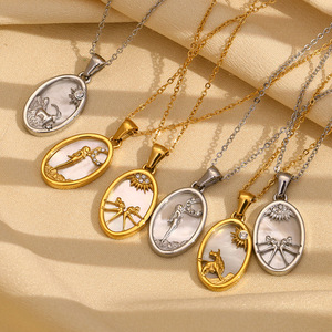 Collier en acier inoxydable pour femme plaqué or 18 carats pendentif géométrique à la mode à la mode diamant coquille douze Constellation cadeau - Product Image 4