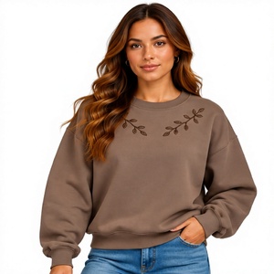 Sweat-shirt à col rond surdimensionné pour femmes, manches longues, couleur unie, 100% coton tricoté, vêtements d'automne - Product Image 1