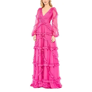 OEM Pink Elegant Organza Deep V Neck Cascading Ruffle Long Puff Sleeve Gown High Waist Chiffon Maxi Women Evening Dress