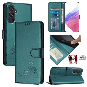 Casing dompet kulit Pu kartun kucing, sarung HP Flip berdiri untuk Samsung A73 A72 Xcover 4s 5 6 7 Pro M33 M53 M14 M54 M34 M15 M55