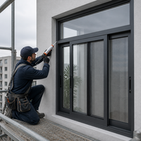 Fenêtres coulissantes à 4 panneaux avec transom fixe en composite sur mesure, en aluminium gris foncé avec moustiquaire et ventilation intégrée