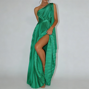 Abiti <span class=keywords><strong>da</strong></span> Sera Personalizzati per Donna, Verde Smeraldo, <span class=keywords><strong>Monospalla</strong></span> in Raso, Plissettato con Vita Avvolta, Elegante Vestito Lungo Formale - Product Image 2