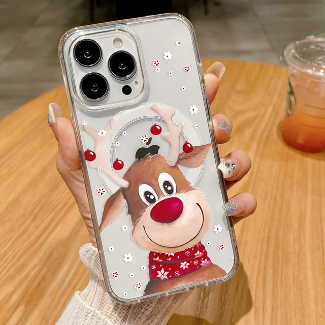 Magnetic phone case with Christmas red-nosed reindeer design, transparent and shock-resistant, Apple protective cover