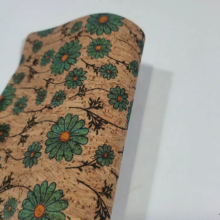 0.4mm Portugal Eco-friendly PU natural flower printed cork leather fabric for bag wallet shoes