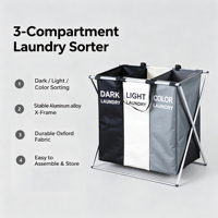 Panier à linge pliable à 3 sections avec cadre en aluminium