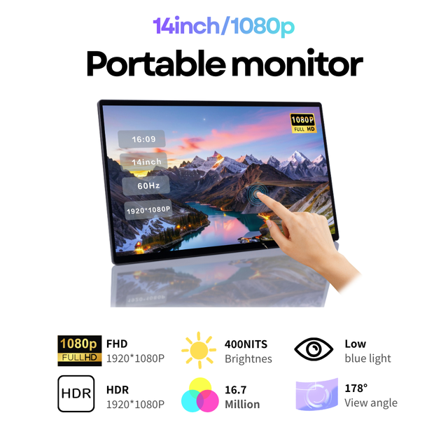 CNC Metal 14 Inch Touch Screen Display 1500:1 Contrast Type C Sharp Panel FHD 1080P for Laptop Portable Monitor