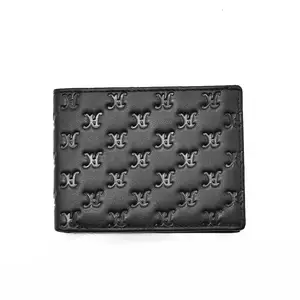 Hot Selling Luxury Custom Emboss Logo Anti-Theft Rfid Black Genuine Cow Leather Purse Card Holder Wallet For Men