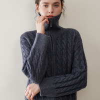 Nouveau cardigan d'hiver confortable en cachemire torsadé pour femme, col roulé, fermeture éclair, élégant