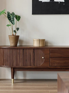 Meuble TV Chuangchen en bois massif style américain, couleur noyer noir, vintage, simple, moderne, luxe léger, porte accordéon, pour salon - Product Image 5