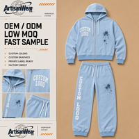 Ensemble de mode personnalisé pour homme : veste à capuche zippée bleu ciel et pantalon de jogging à poignets élastiques avec imprimé éclaboussures foncées OEM ODM