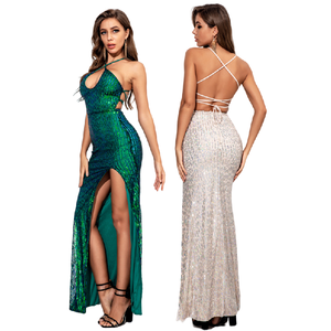 H20510 último diseño vestidos de fiesta de noche 2023 abertura alta sin mangas espalda descubierta Halter elegante vestidos de fiesta mujeres vestido de lentejuelas - Product Image 1