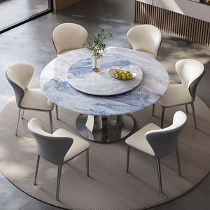 Juego de mesa y sillas de comedor Super Crystal Stone de 6 piezas con tapa redonda de mármol, estilo minimalista italiano para comedor. - Product Image 3