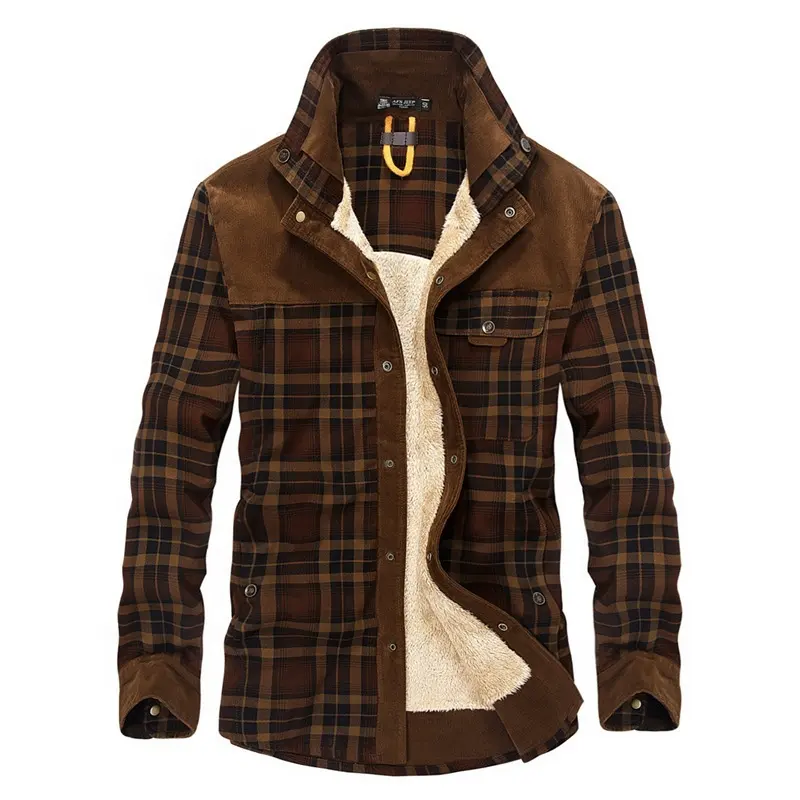 Wholesale 2021 autumn and winter men's cotton Casual plus velvet shirt men's plaid large size lapel thick shirt outdoor jacket