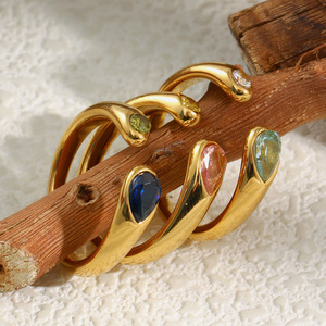 2026 High End Dual Pear Shaped Colored Zircon Set Stainless Steel 18K Gold Plated <b>Adjustable</b> Open Cuff Stackable Finger <b>Ring</b> - Product Image 6