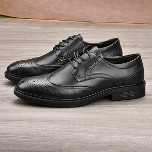 Chaussures Richelieu en cuir pour hommes, bout rond, noires, semelle souple, pour le bureau et les occasions formelles, toutes saisons, à lacets, motif uni - Product Image 3