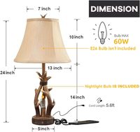 Lampe de table en bois de cerf à 3 voies à commande tactile pour chambre à coucher salon Foyer lampes en tissu décoratives avec 2 ports USB
