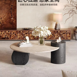 Wabi Sabi Style <b>Round</b> Natural Travertine Coffee <b>Table</b> Black <b>Walnut</b> Marble Top For Living Room Home Use - Product Image 4