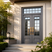 Porte d'entrée double en acier gris foncé moderne avec transom en verre pour villa