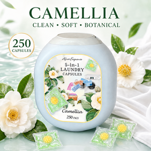 Capsules de lessive concentrées premium 5 en 1 parfumées au camélia pour l'exportation en gros, avec un nettoyage en profondeur et un parfum longue durée - Product Image 1