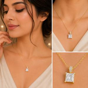 Collar con Colgante de Diamante Corte Princesa Cuadrado en Oro Amarillo de 14K, Cadena Delicada, Minimalista, con Dije Solitario, Joyería Fina, Regalo para Mujer - Product Image 4