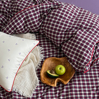 Parure de lit 100% coton lavé, motif écossais rouge bordeaux rétro, housse de couette avec passepoil, drap-housse doux et respirant + taies d'oreiller, 4 pièces