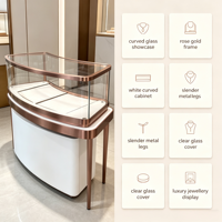 Vitrine de présentation de bijoux incurvée, cadre en métal or rose, verre trempé, comptoir blanc, armoire incurvée avec éclairage LED, pieds en métal fins