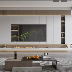 Meuble mural en bois pour salon moderne, meuble TV avec cheminée électrique - Product Image 1