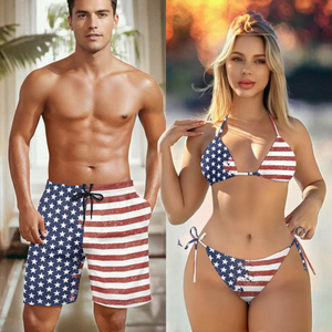 American Flag Print Halter Neckline Couple <b>Swimwear</b> Matching Set Cheeky Bottom Bikini and Men Board <b>Shorts</b> Summer Beachwear - Product Image 3