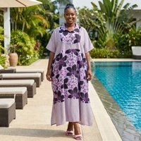 Robe longue kaftan grande taille pour femme, style africain, avec bordure à motif damier abstrait, turban organique, longueur ras du sol, tenue modeste d'inspiration ethnique